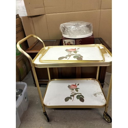 566 - Two Tier Hostess Trolley, Tray and Boxed Covered Cake Plate.