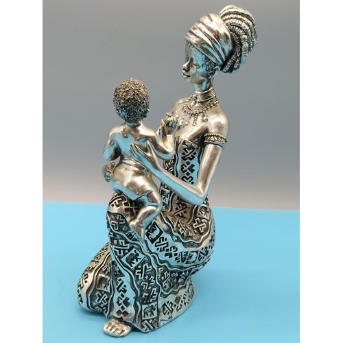 132 - Silver Coloured Resin 25cm Figure of a Mother and Child.
