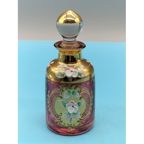 116 - Bohemian Coloured Glass 11.5cm Dressing Table Bottles (2) Decorated with Flowers.