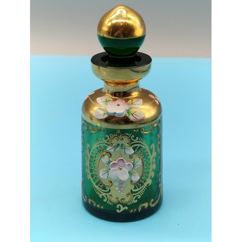 116 - Bohemian Coloured Glass 11.5cm Dressing Table Bottles (2) Decorated with Flowers.