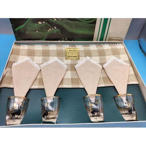 158 - 1960s Boxed Irish Linen Tray Cloth, Glass Mats and Glasses.