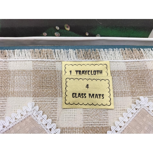 158 - 1960s Boxed Irish Linen Tray Cloth, Glass Mats and Glasses.