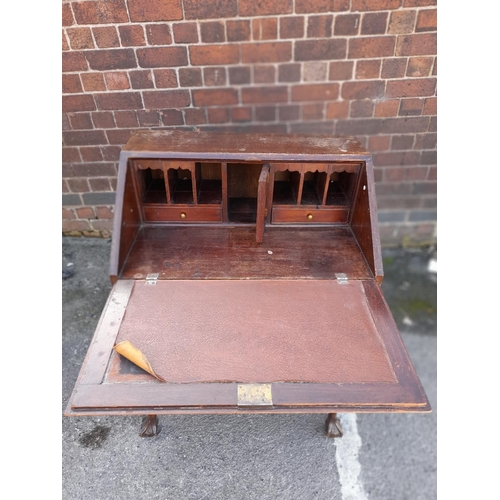 161 - Victorian 3 Drawer Bureau on Ball and Claw Feet. For Light Restoration. 92cm High, 66cm x 43cm. This... 