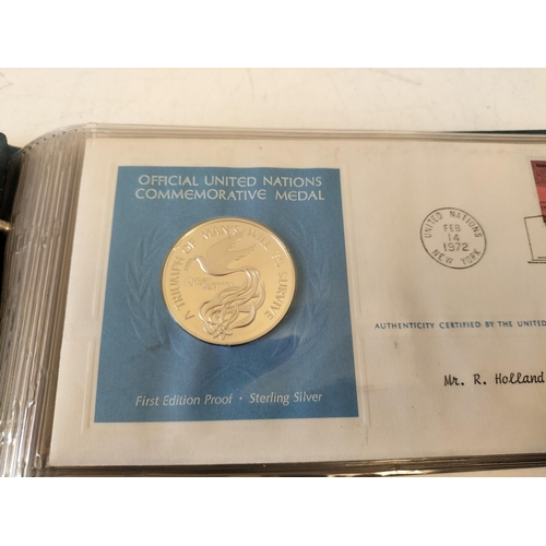 113 - 1972 Official United Nations Medallic First Day covers containing 5 x First Edition Sterling Silver ... 