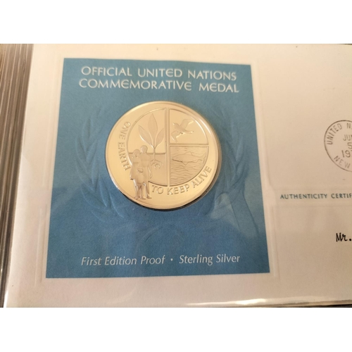 113 - 1972 Official United Nations Medallic First Day covers containing 5 x First Edition Sterling Silver ... 