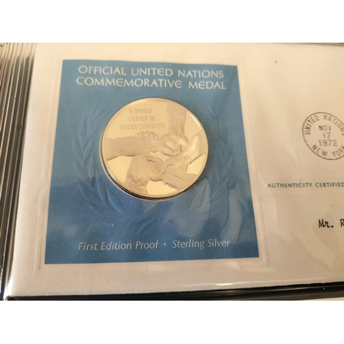 113 - 1972 Official United Nations Medallic First Day covers containing 5 x First Edition Sterling Silver ... 