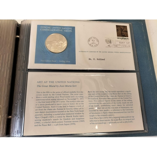 113 - 1972 Official United Nations Medallic First Day covers containing 5 x First Edition Sterling Silver ... 