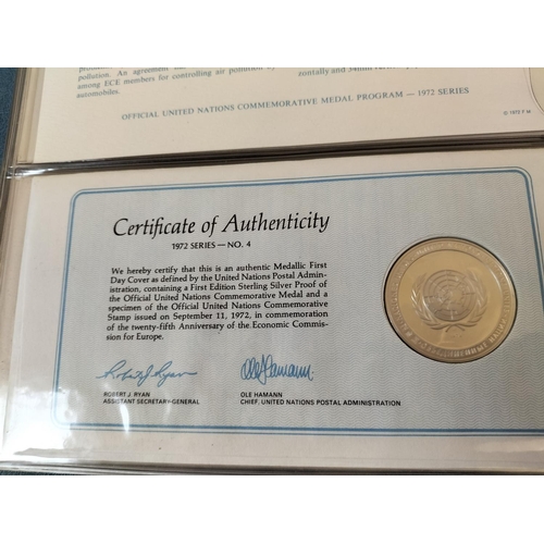 113 - 1972 Official United Nations Medallic First Day covers containing 5 x First Edition Sterling Silver ... 