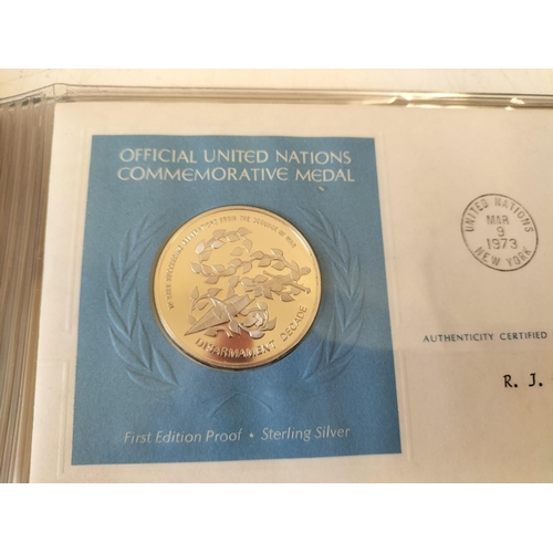 114 - 1973 Official United Nations Medallic First Day covers containing 5 x First Edition Sterling Silver ... 
