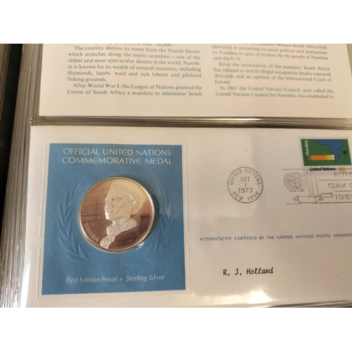 114 - 1973 Official United Nations Medallic First Day covers containing 5 x First Edition Sterling Silver ... 