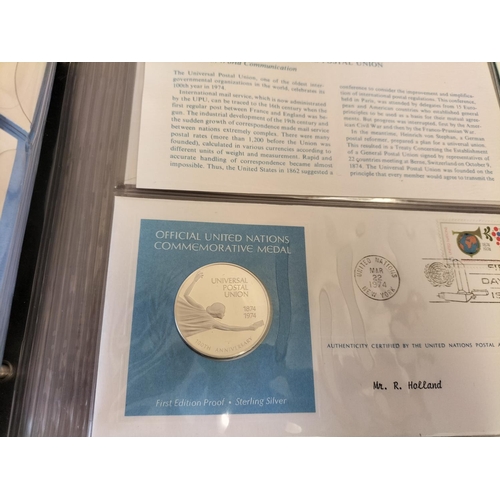 115 - 1974 Official United Nations Medallic First Day Covers containing 5 x First Edition Sterling Silver ... 