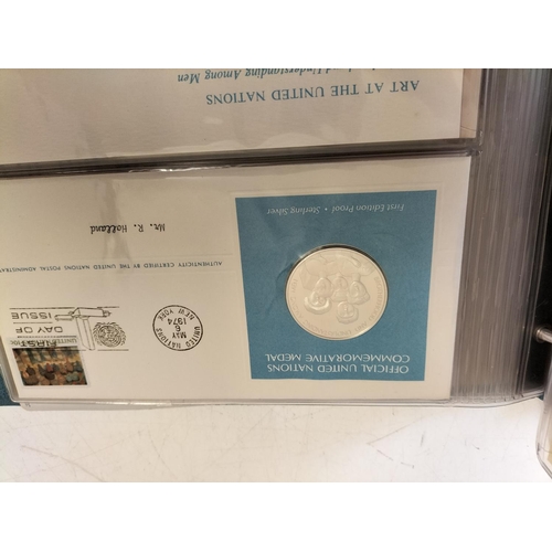 115 - 1974 Official United Nations Medallic First Day Covers containing 5 x First Edition Sterling Silver ... 