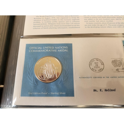 115 - 1974 Official United Nations Medallic First Day Covers containing 5 x First Edition Sterling Silver ... 