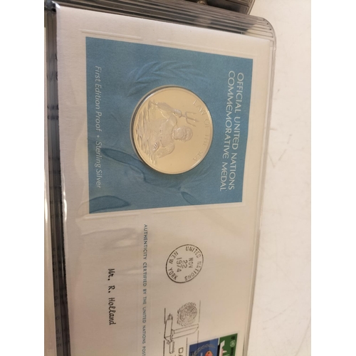 115 - 1974 Official United Nations Medallic First Day Covers containing 5 x First Edition Sterling Silver ... 