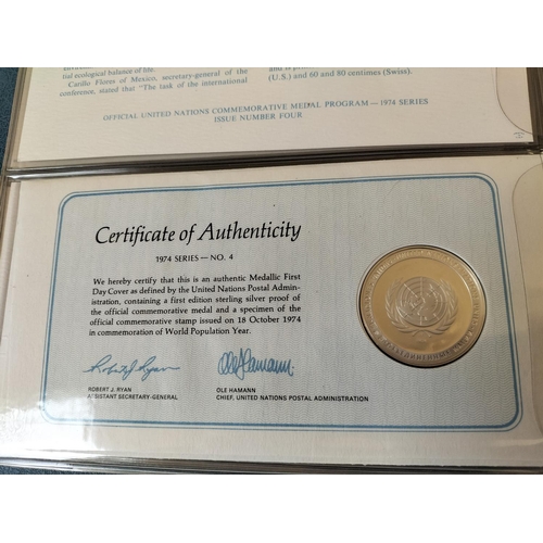 115 - 1974 Official United Nations Medallic First Day Covers containing 5 x First Edition Sterling Silver ... 