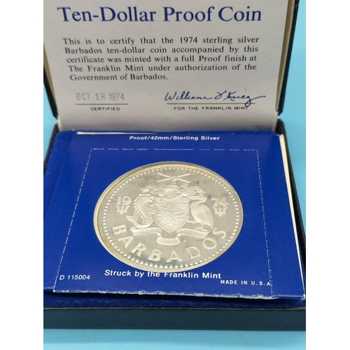 12 - 1974 Barbados Ten Dollar Sterling Silver Coin Proof with Certificate of Authenticity.