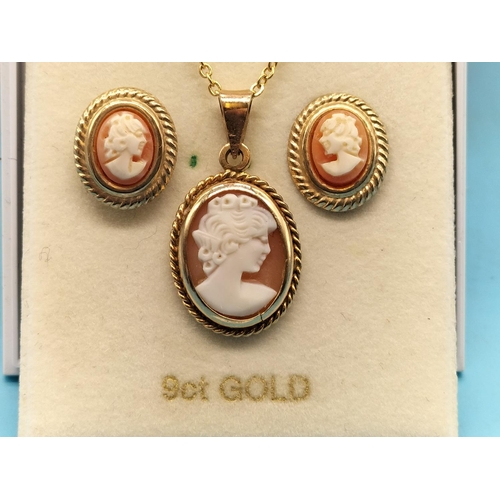 136 - 9ct Gold Cameo Earrings and Pendant Set.
