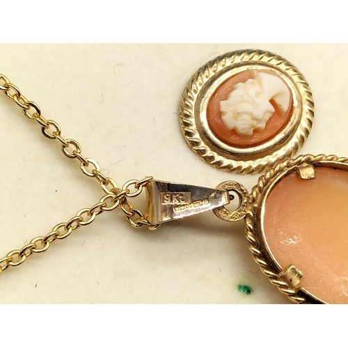 136 - 9ct Gold Cameo Earrings and Pendant Set.