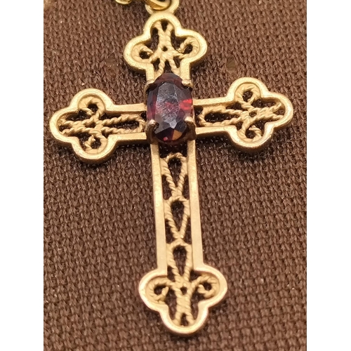 151 - 9ct Gold and Garnet Cross and Chain. 1.6 Grams.