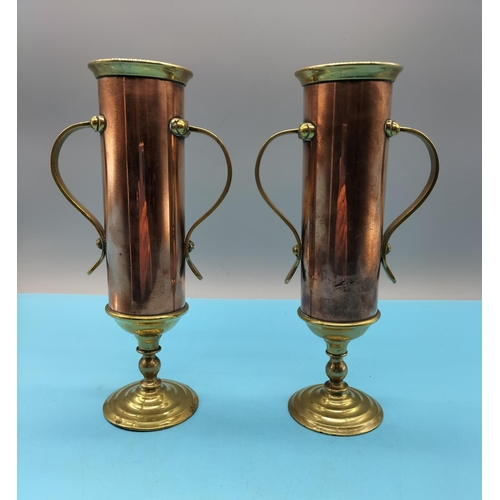 351 - Arts and Crafts Copper and Brass 24cm Spill Vases (2).