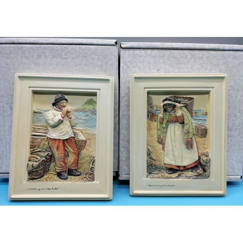373 - Boxed Bossons Plaques (2) 'Waiting for the Tide' and 'Unloading the Boats'. 20cm x 16cm.