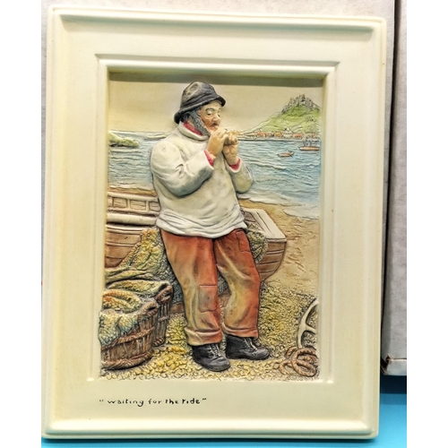 373 - Boxed Bossons Plaques (2) 'Waiting for the Tide' and 'Unloading the Boats'. 20cm x 16cm.