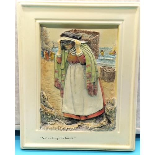 373 - Boxed Bossons Plaques (2) 'Waiting for the Tide' and 'Unloading the Boats'. 20cm x 16cm.