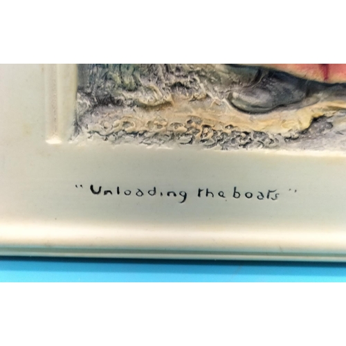 373 - Boxed Bossons Plaques (2) 'Waiting for the Tide' and 'Unloading the Boats'. 20cm x 16cm.
