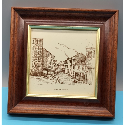375 - Framed Tile of 'Brook Side, Congleton', Site of the Bossons Factory by Hilda Craddock. 22cm x 22cm.