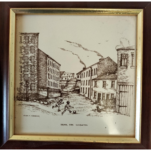 375 - Framed Tile of 'Brook Side, Congleton', Site of the Bossons Factory by Hilda Craddock. 22cm x 22cm.