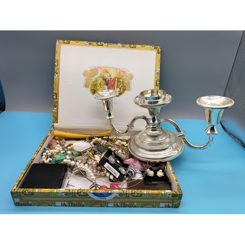 393 - Cigar Box containing Costume Jewellery plus 3 Branch Plated Candelabra. All Proceeds from this Lot t... 