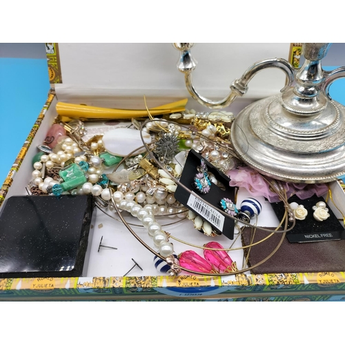 393 - Cigar Box containing Costume Jewellery plus 3 Branch Plated Candelabra. All Proceeds from this Lot t... 