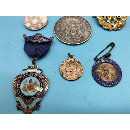 50A - Collection of Medals plus RAF Cap Badge. Some Silver.