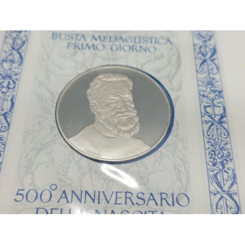 88 - Sterling Silver 1975 'Michaelangelo 500th Anniversary' Medallic First Day Cover and Coin plus Paperw... 