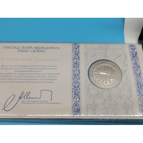 88 - Sterling Silver 1975 'Michaelangelo 500th Anniversary' Medallic First Day Cover and Coin plus Paperw... 