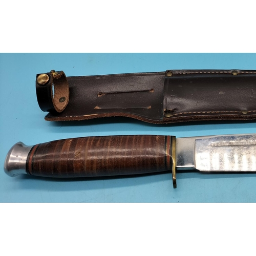 127 - Vintage Bowie Knife in Leather Sheath. 33cm Long.