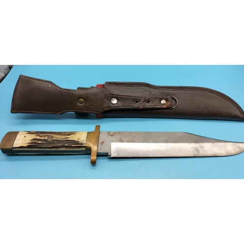 128 - Vintage Bowie Knife with Bone Handle in Leather Sheath. 39cm Long.