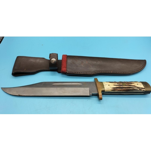 128 - Vintage Bowie Knife with Bone Handle in Leather Sheath. 39cm Long.