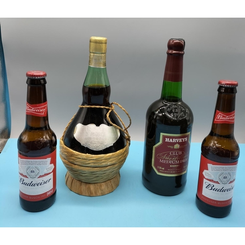 220A - Bottle of Harveys Medium Dry Sherry, Carafe of Wine and Budweiser Bottles (2).