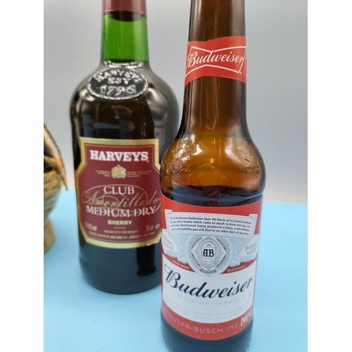 220A - Bottle of Harveys Medium Dry Sherry, Carafe of Wine and Budweiser Bottles (2).