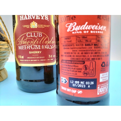 220A - Bottle of Harveys Medium Dry Sherry, Carafe of Wine and Budweiser Bottles (2).