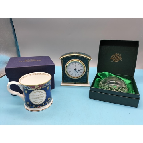 227 - Galway Crystal Glass Paperweight (Boxed), Royal Doulton 'Baltimore' Clock plus Royal Worcester Queen... 