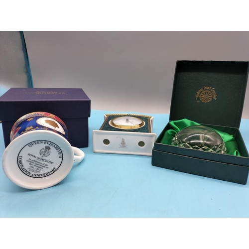 227 - Galway Crystal Glass Paperweight (Boxed), Royal Doulton 'Baltimore' Clock plus Royal Worcester Queen... 