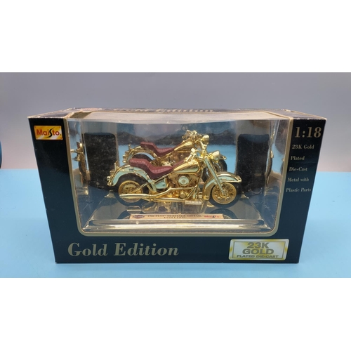 240 - Maisto 1:18 Scale 23k Gold Plated Limited Edition Die Cast Harley Davidson Motorcycle. Boxed