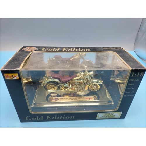 240 - Maisto 1:18 Scale 23k Gold Plated Limited Edition Die Cast Harley Davidson Motorcycle. Boxed