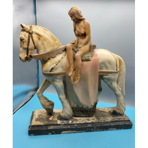 244 - Large Plaster Figure of Lady Godiva on Horseback. 43cm x 50cm. Needs Restoration.