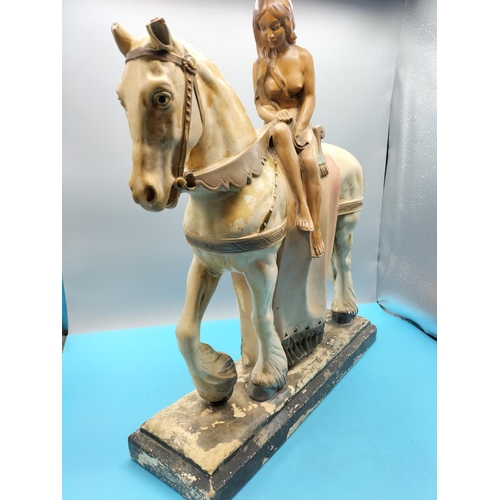 244 - Large Plaster Figure of Lady Godiva on Horseback. 43cm x 50cm. Needs Restoration.