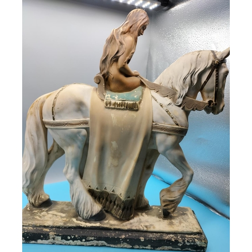 244 - Large Plaster Figure of Lady Godiva on Horseback. 43cm x 50cm. Needs Restoration.