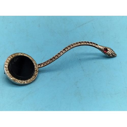 369 - Art Deco Black Stone and Diamante Snake Brooch. Some Stones Missing.