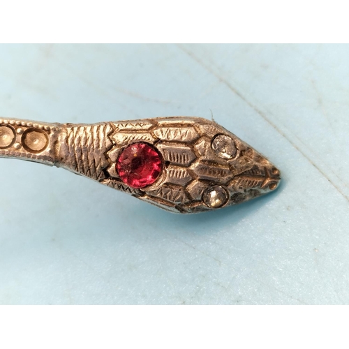369 - Art Deco Black Stone and Diamante Snake Brooch. Some Stones Missing.